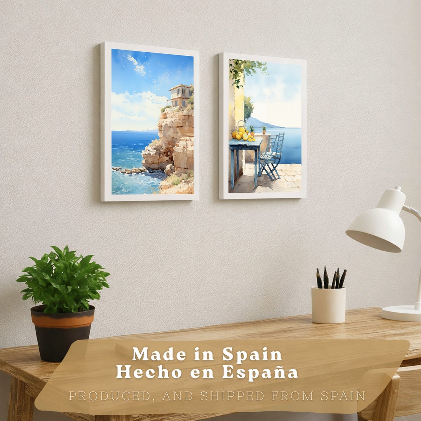 Set de 2 laminas decorativas pared Playa, relax Salon modernos - Posters, cuadros decorativos azules. Mediterraneo. Decoración Dormitorios.