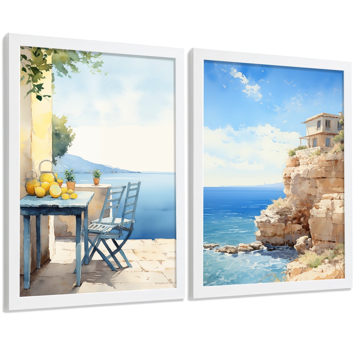 Set de 2 laminas decorativas pared Playa, relax Salon modernos - Posters, cuadros decorativos azules. Mediterraneo. Decoración Dormitorios.