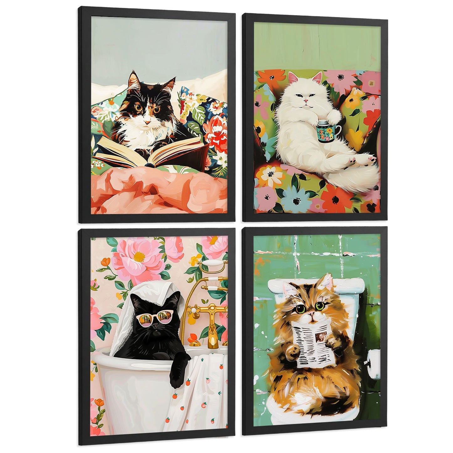 Set de 4 laminas decorativas Gatos divertidos Cuadros Salon modernos - Posters decorativos animales Decoración Dormitorios Cocina Baño