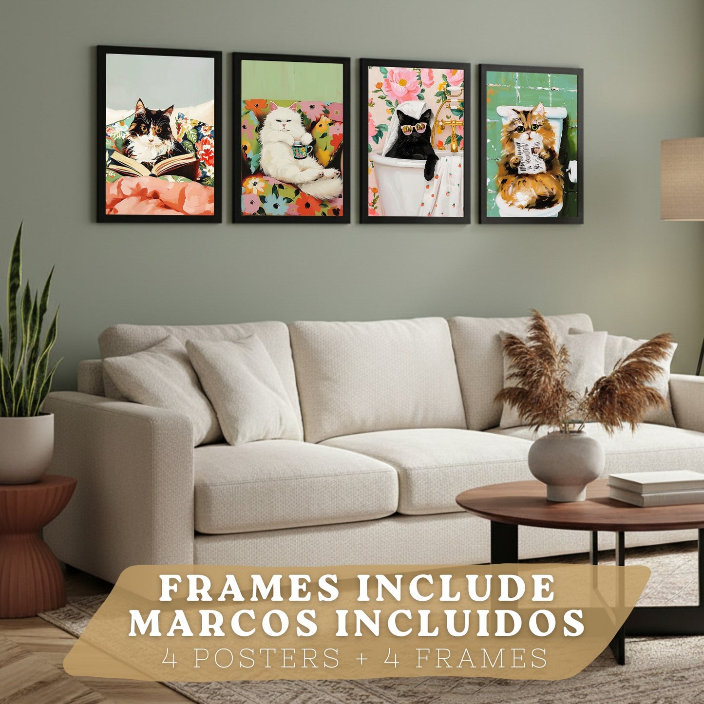 Set de 4 laminas decorativas Gatos divertidos Cuadros Salon modernos - Posters decorativos animales Decoración Dormitorios Cocina Baño