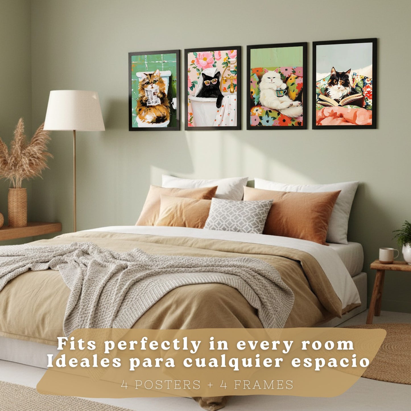 Set de 4 laminas decorativas Gatos divertidos Cuadros Salon modernos - Posters decorativos animales Decoración Dormitorios Cocina Baño
