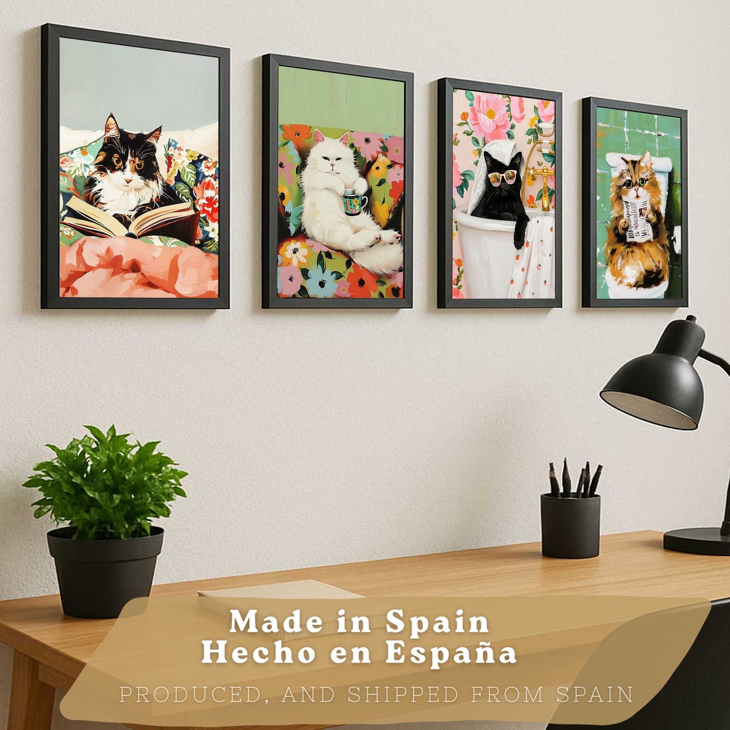 Set de 4 laminas decorativas Gatos divertidos Cuadros Salon modernos - Posters decorativos animales Decoración Dormitorios Cocina Baño