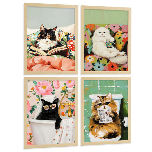 Set de 4 laminas decorativas Gatos divertidos Cuadros Salon modernos - Posters decorativos animales Decoración Dormitorios Cocina Baño