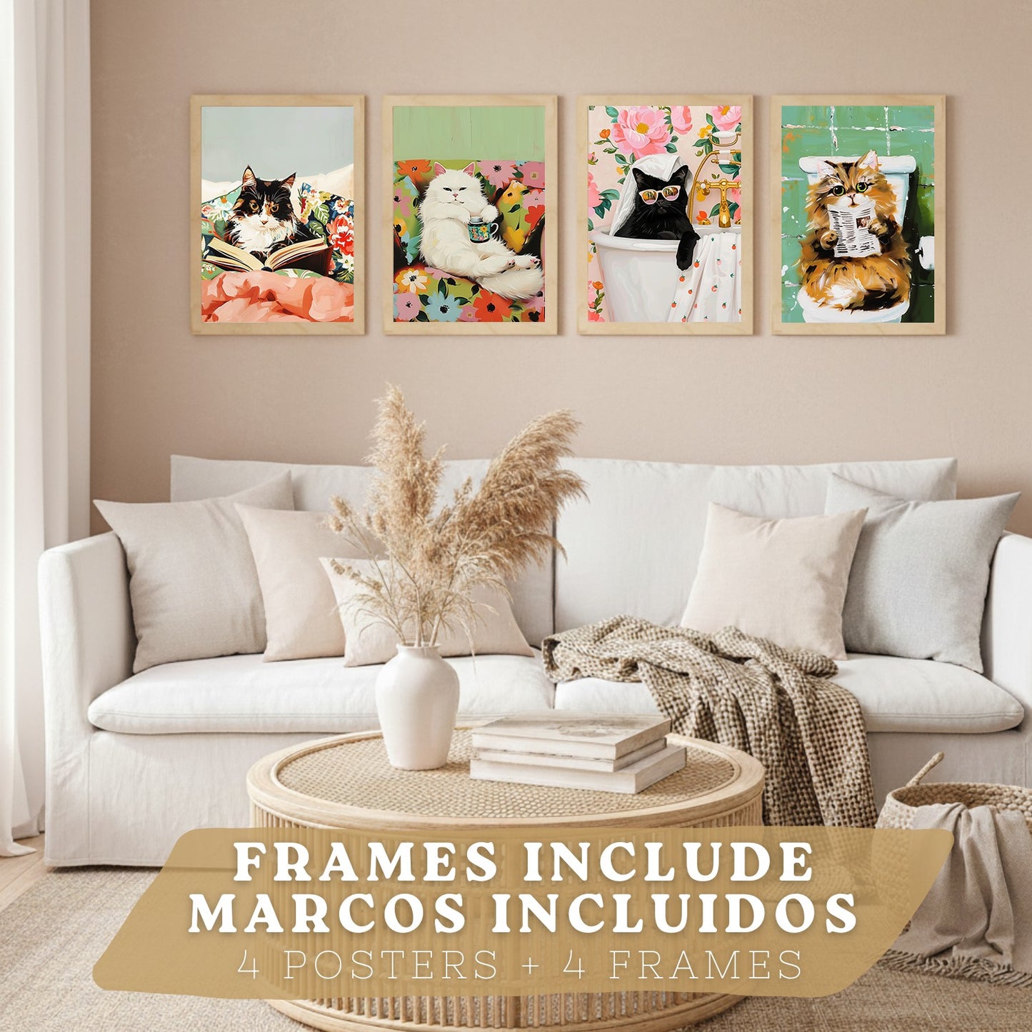 Set de 4 laminas decorativas Gatos divertidos Cuadros Salon modernos - Posters decorativos animales Decoración Dormitorios Cocina Baño