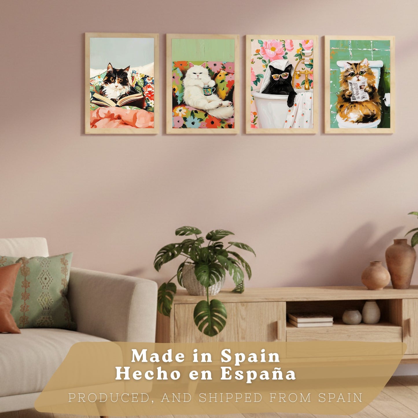 Set de 4 laminas decorativas Gatos divertidos Cuadros Salon modernos - Posters decorativos animales Decoración Dormitorios Cocina Baño