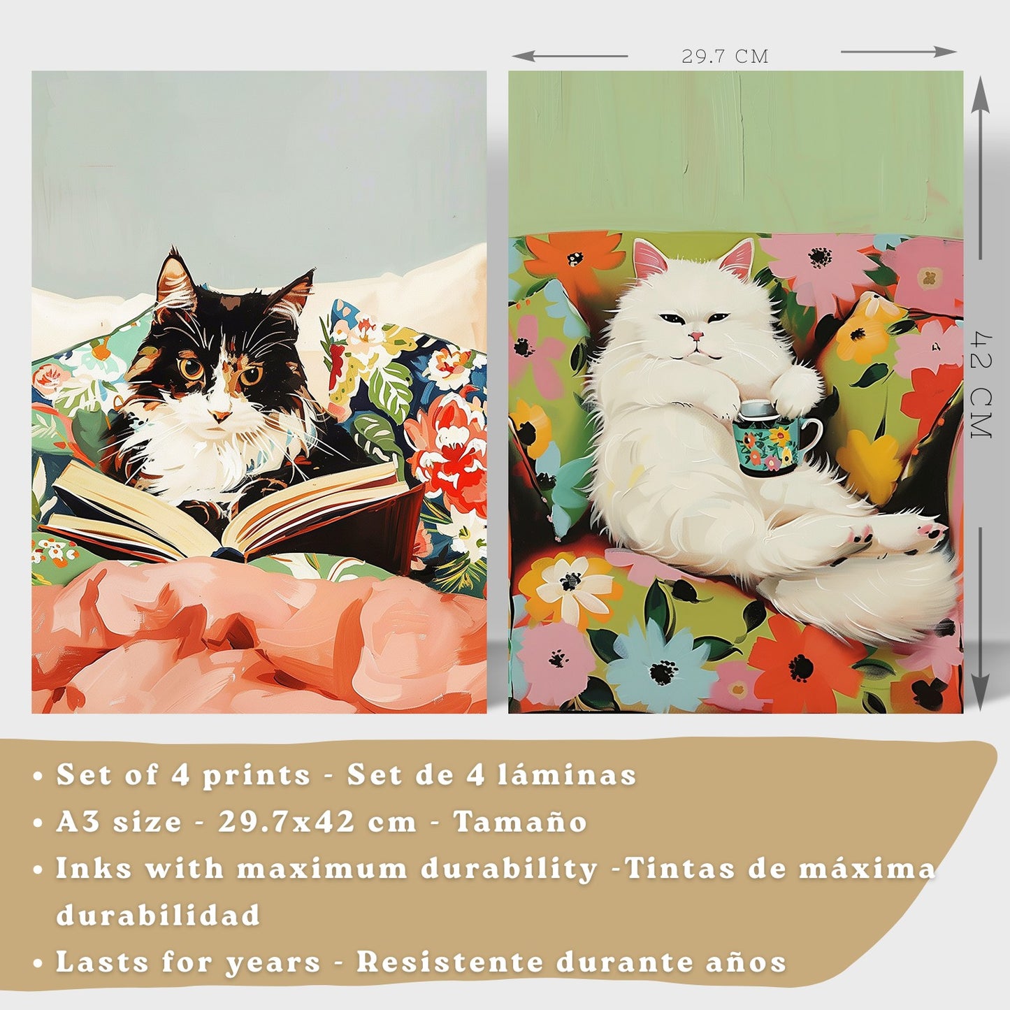 Set de 4 laminas decorativas Gatos divertidos Cuadros Salon modernos - Posters decorativos animales Decoración Dormitorios Cocina Baño