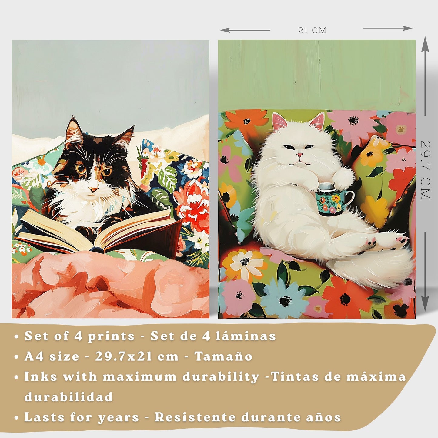 Set de 4 laminas decorativas Gatos divertidos Cuadros Salon modernos - Posters decorativos animales Decoración Dormitorios Cocina Baño