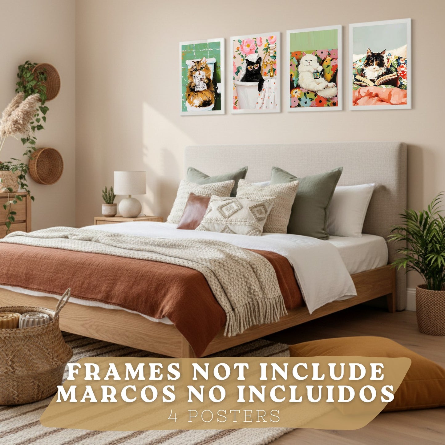 Set de 4 laminas decorativas Gatos divertidos Cuadros Salon modernos - Posters decorativos animales Decoración Dormitorios Cocina Baño