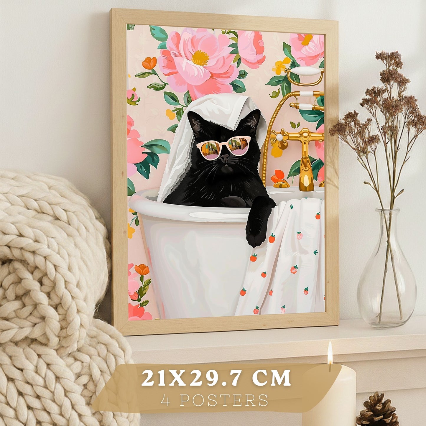 Set de 4 laminas decorativas Gatos divertidos Cuadros Salon modernos - Posters decorativos animales Decoración Dormitorios Cocina Baño