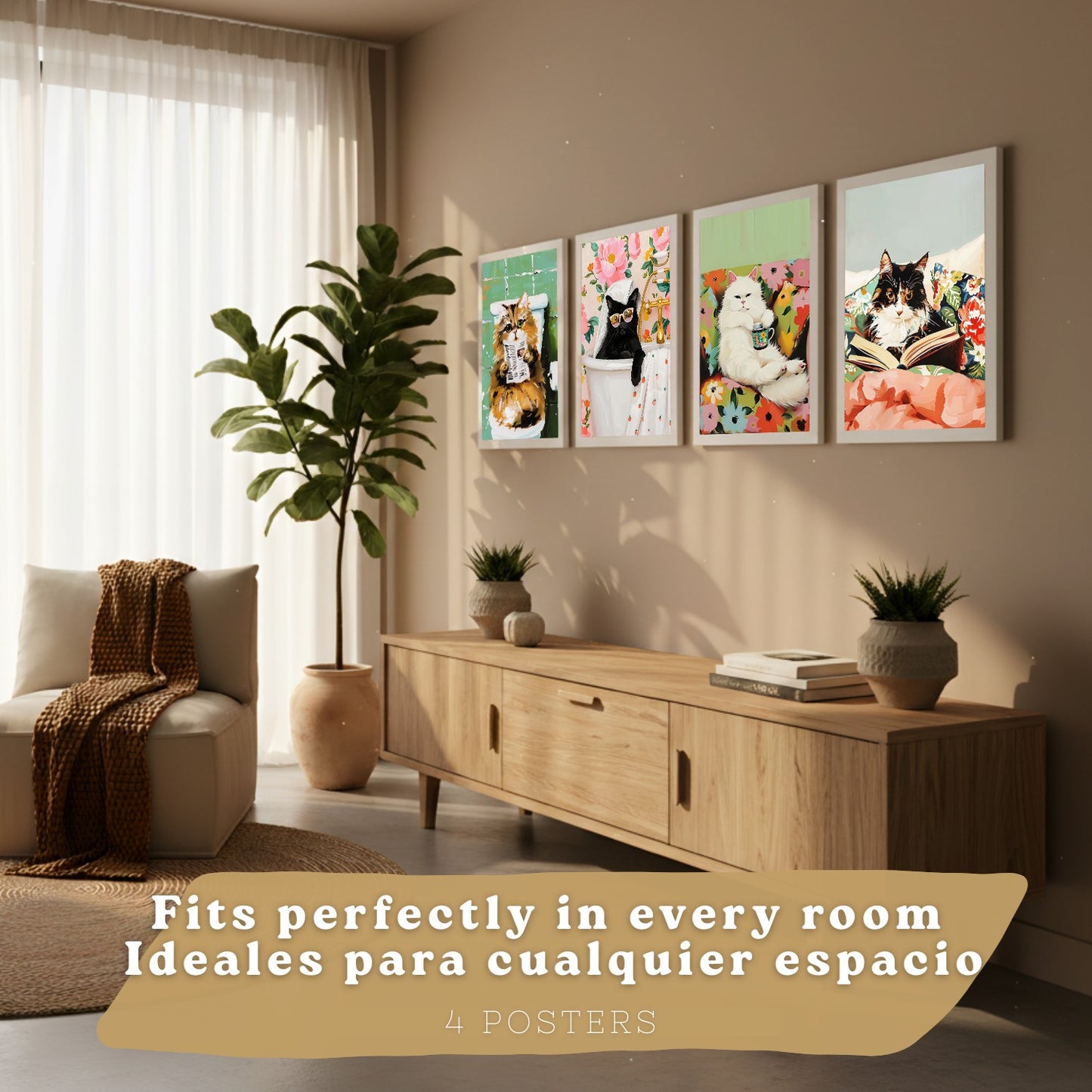 Set de 4 laminas decorativas Gatos divertidos Cuadros Salon modernos - Posters decorativos animales Decoración Dormitorios Cocina Baño
