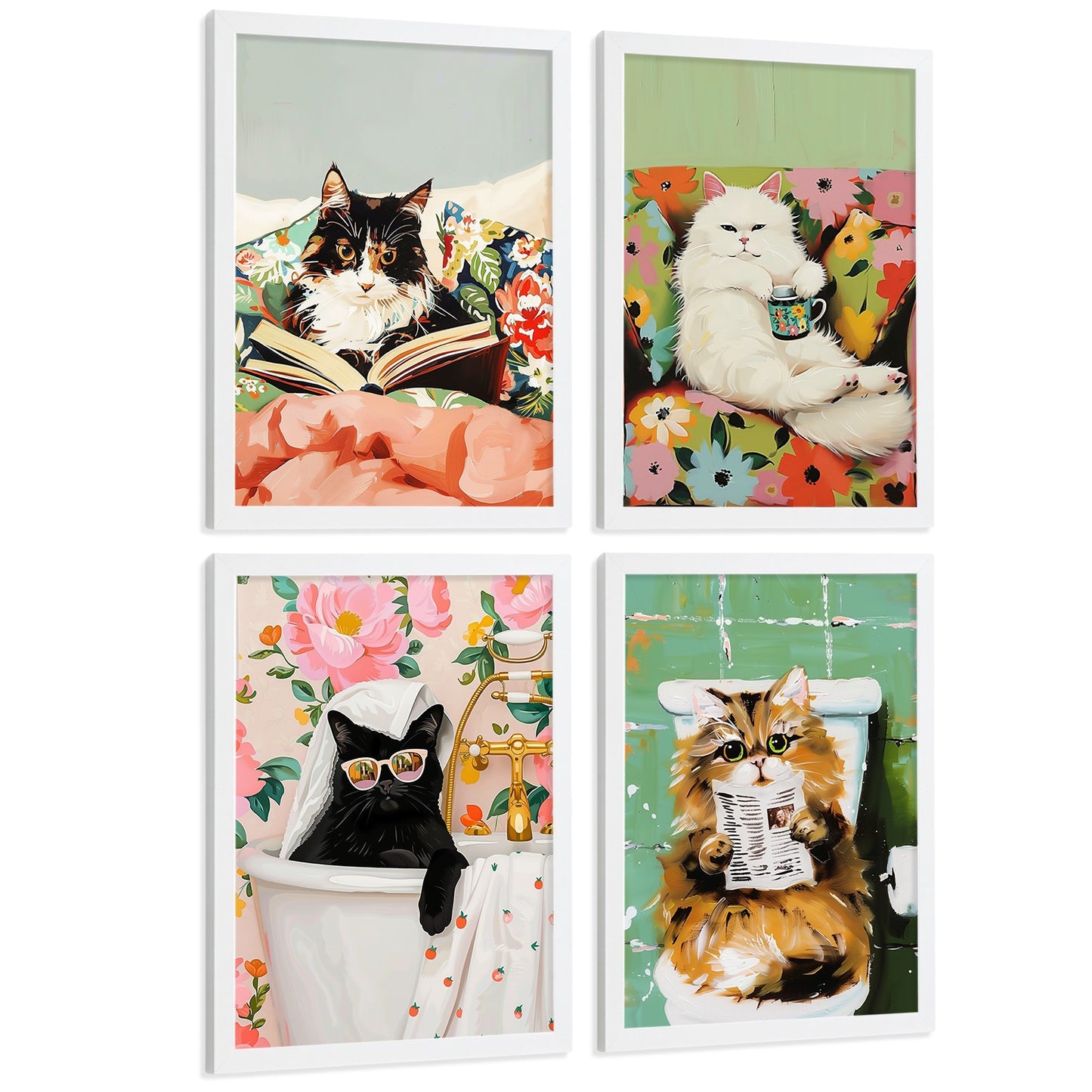 Set de 4 laminas decorativas Gatos divertidos Cuadros Salon modernos - Posters decorativos animales Decoración Dormitorios Cocina Baño