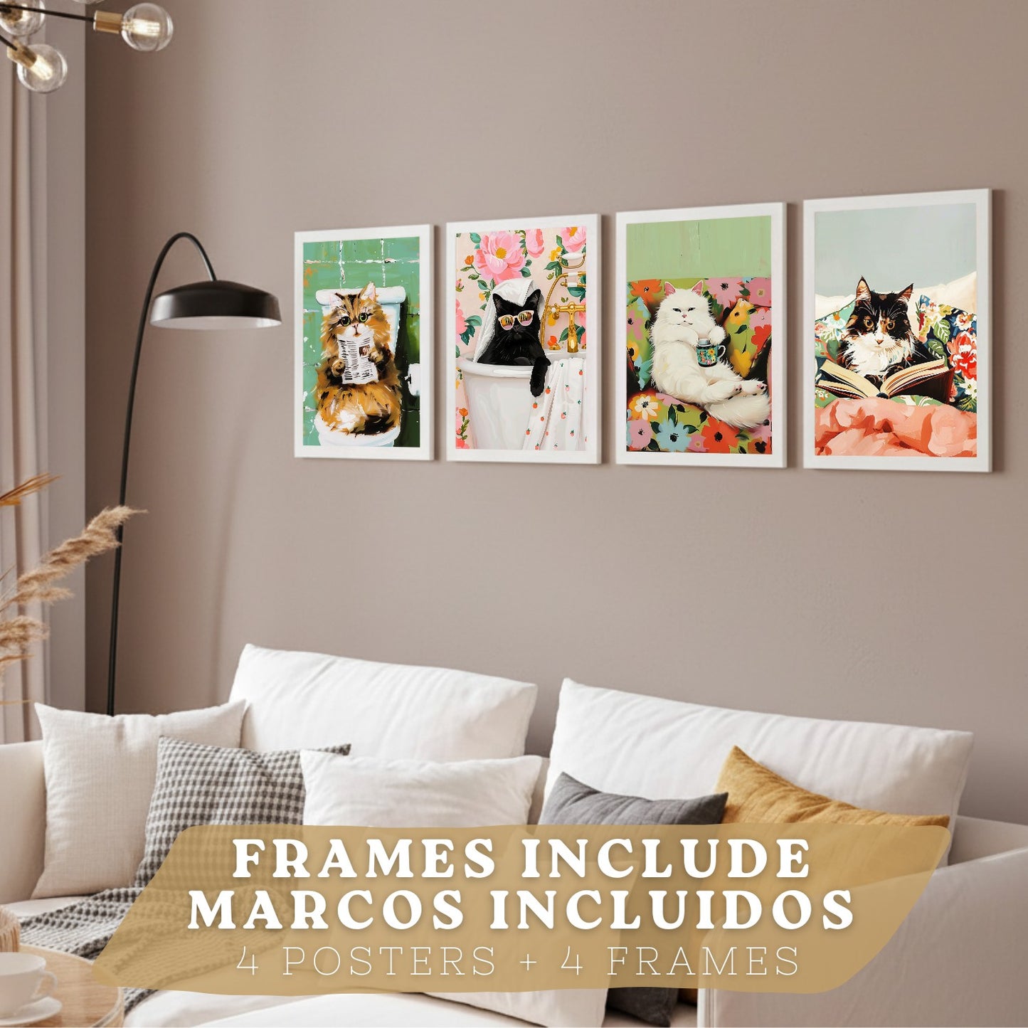 Set de 4 laminas decorativas Gatos divertidos Cuadros Salon modernos - Posters decorativos animales Decoración Dormitorios Cocina Baño