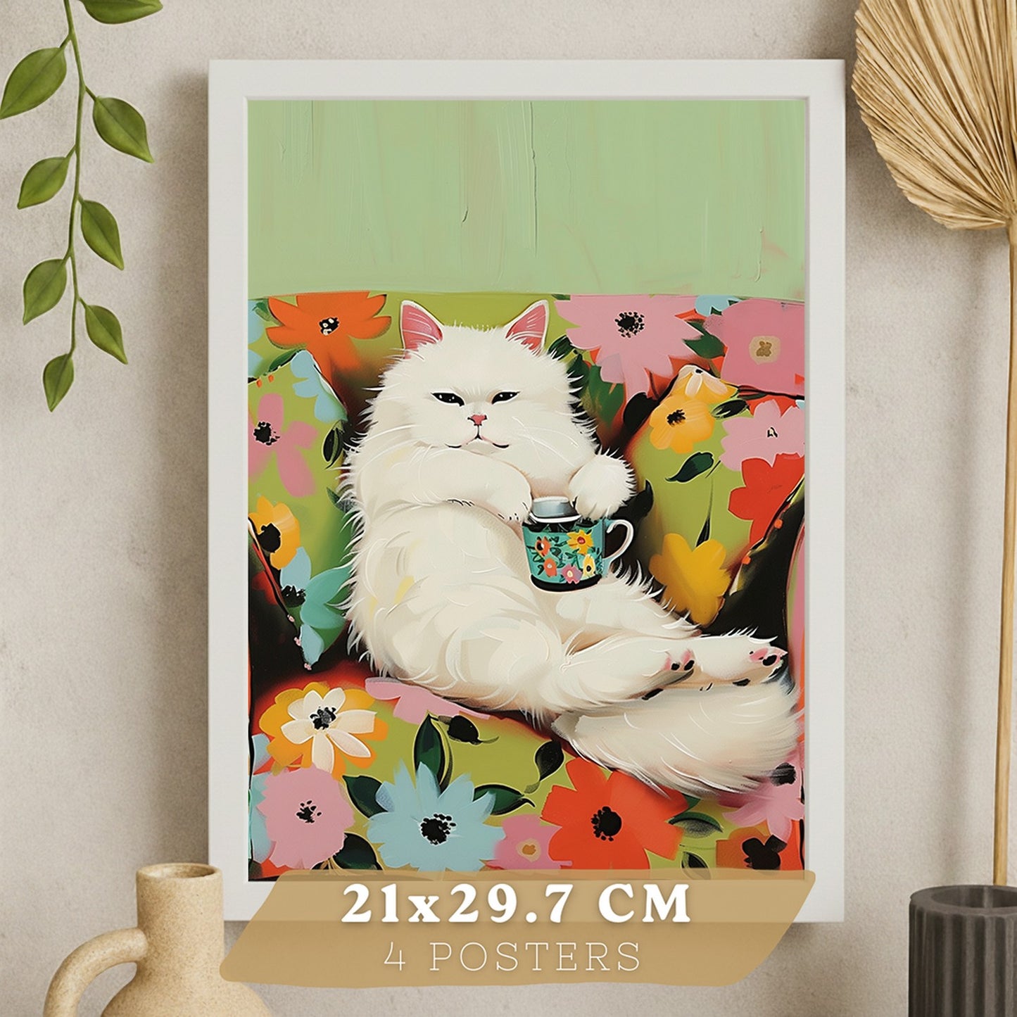 Set de 4 laminas decorativas Gatos divertidos Cuadros Salon modernos - Posters decorativos animales Decoración Dormitorios Cocina Baño