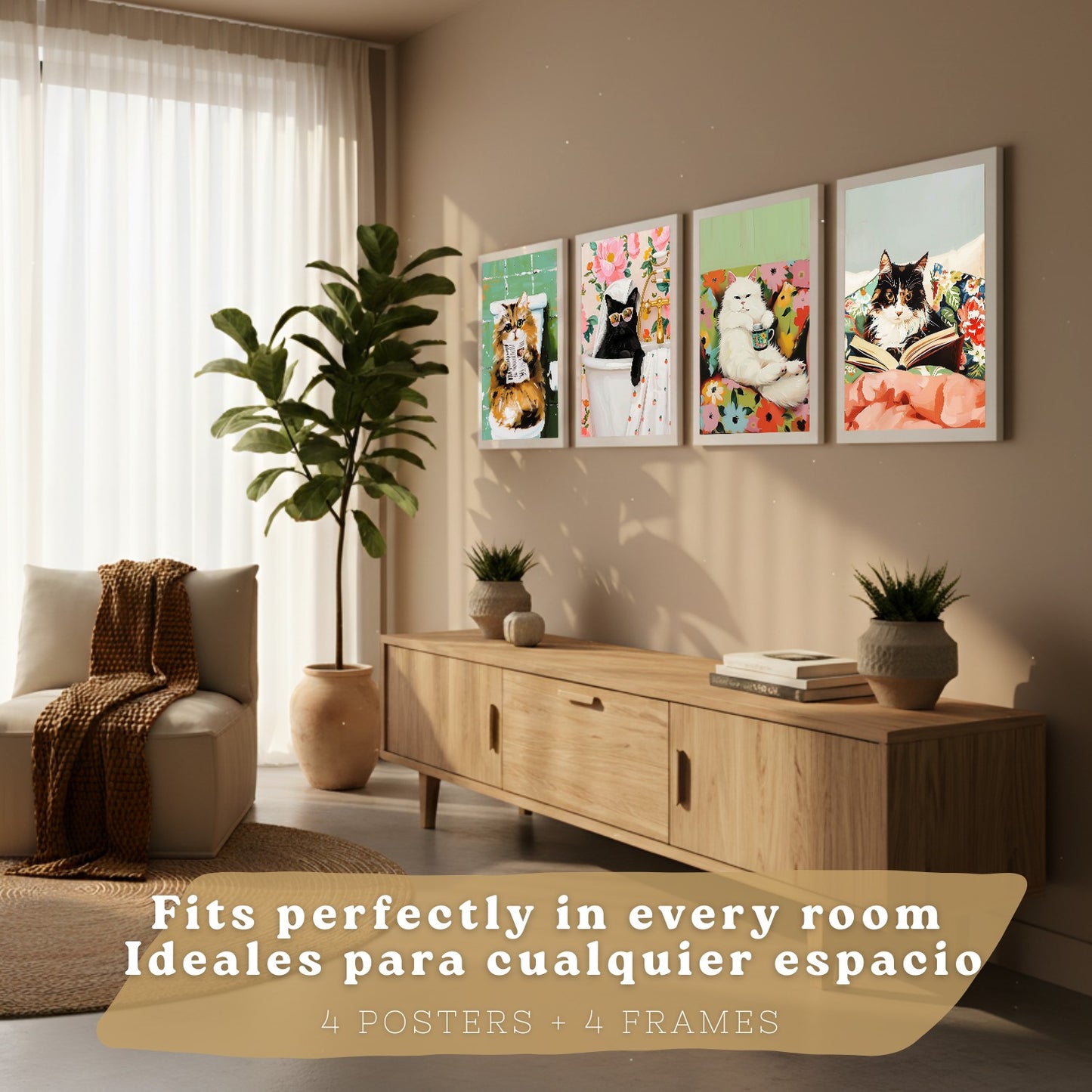 Set de 4 laminas decorativas Gatos divertidos Cuadros Salon modernos - Posters decorativos animales Decoración Dormitorios Cocina Baño