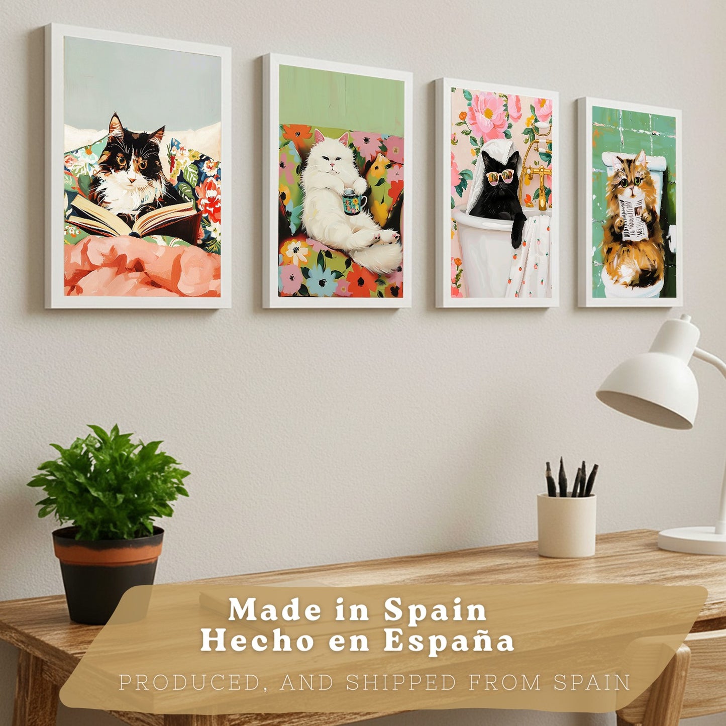 Set de 4 laminas decorativas Gatos divertidos Cuadros Salon modernos - Posters decorativos animales Decoración Dormitorios Cocina Baño