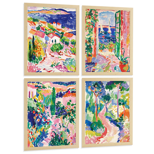 Set de 4 laminas decorativas pared estilo colorido. Cuadros Salon modernos - Posters decorativos azules. Maritimo. Decoración Dormitorios.