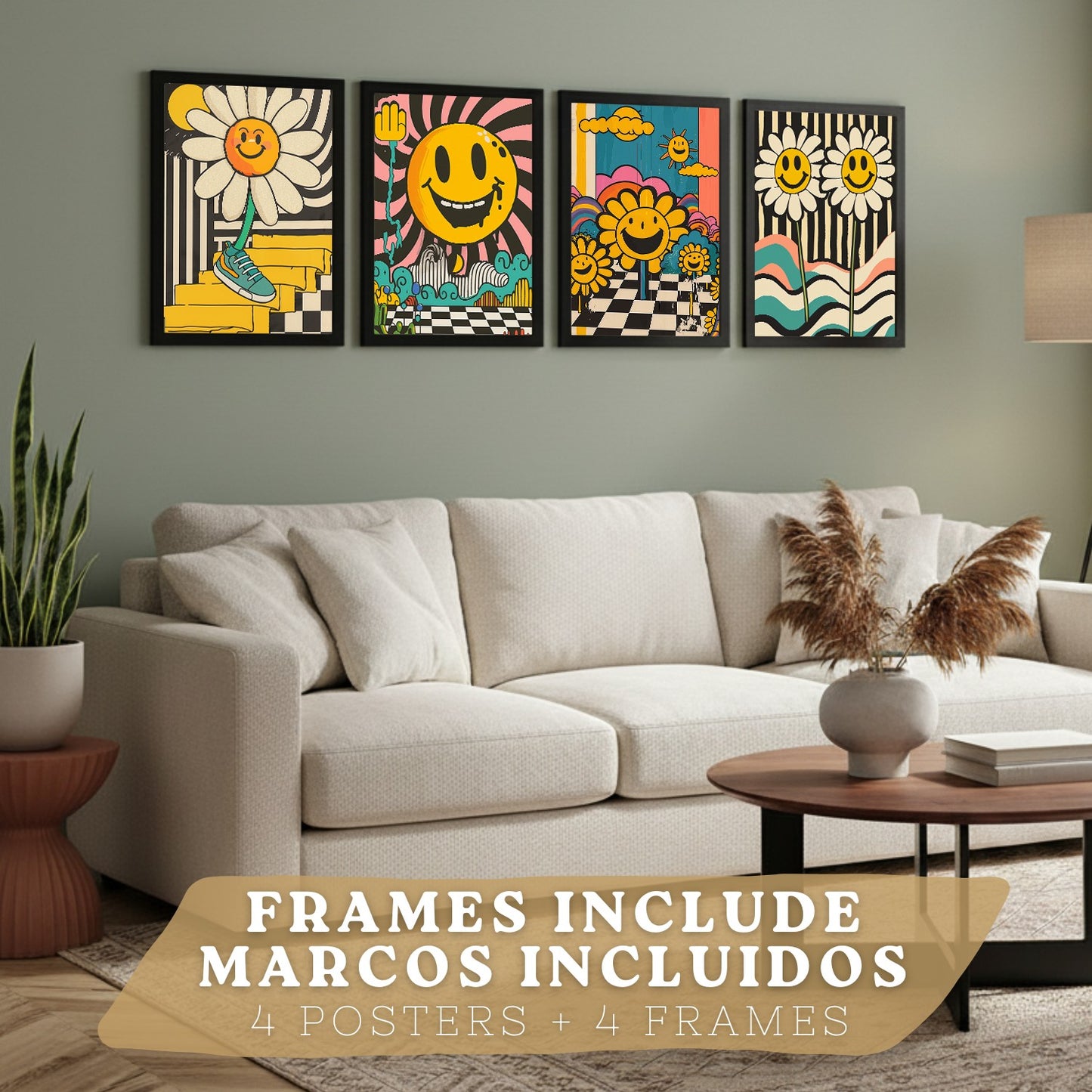 Set de 4 laminas decorativas Acid House Cuadros Salon modernos - Posters decorativos Smily Emoji flor Decoración Dormitorios Cocina Baño