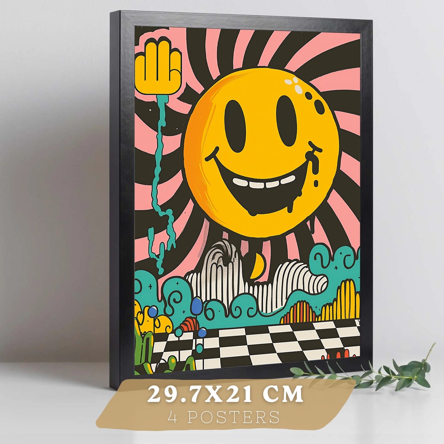 Set de 4 laminas decorativas Acid House Cuadros Salon modernos - Posters decorativos Smily Emoji flor Decoración Dormitorios Cocina Baño