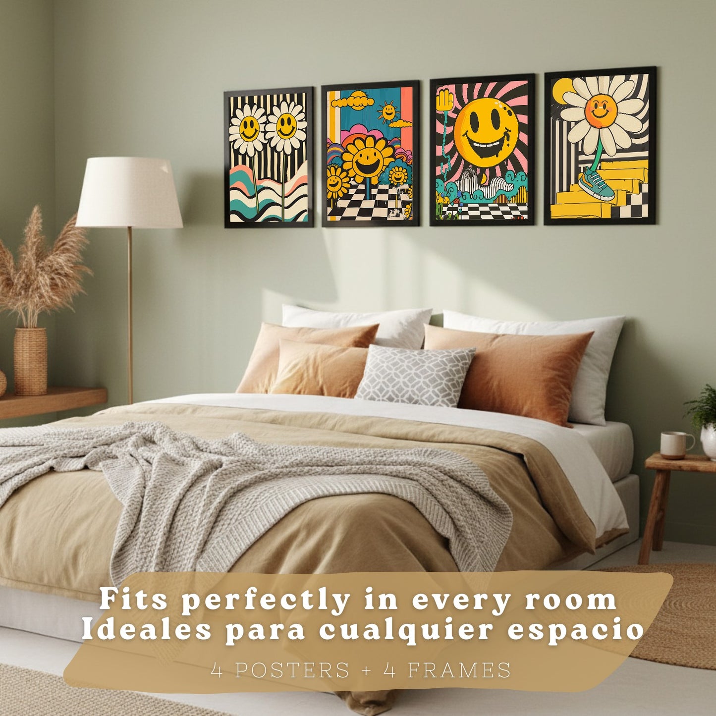Set de 4 laminas decorativas Acid House Cuadros Salon modernos - Posters decorativos Smily Emoji flor Decoración Dormitorios Cocina Baño