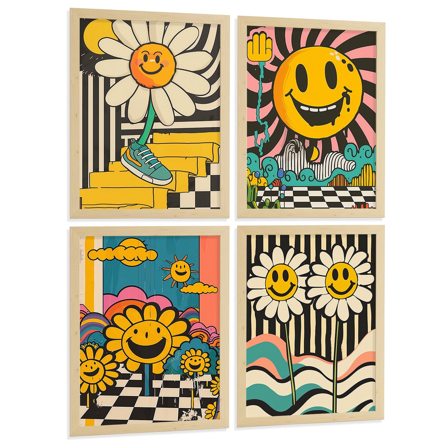 Set de 4 laminas decorativas Acid House Cuadros Salon modernos - Posters decorativos Smily Emoji flor Decoración Dormitorios Cocina Baño