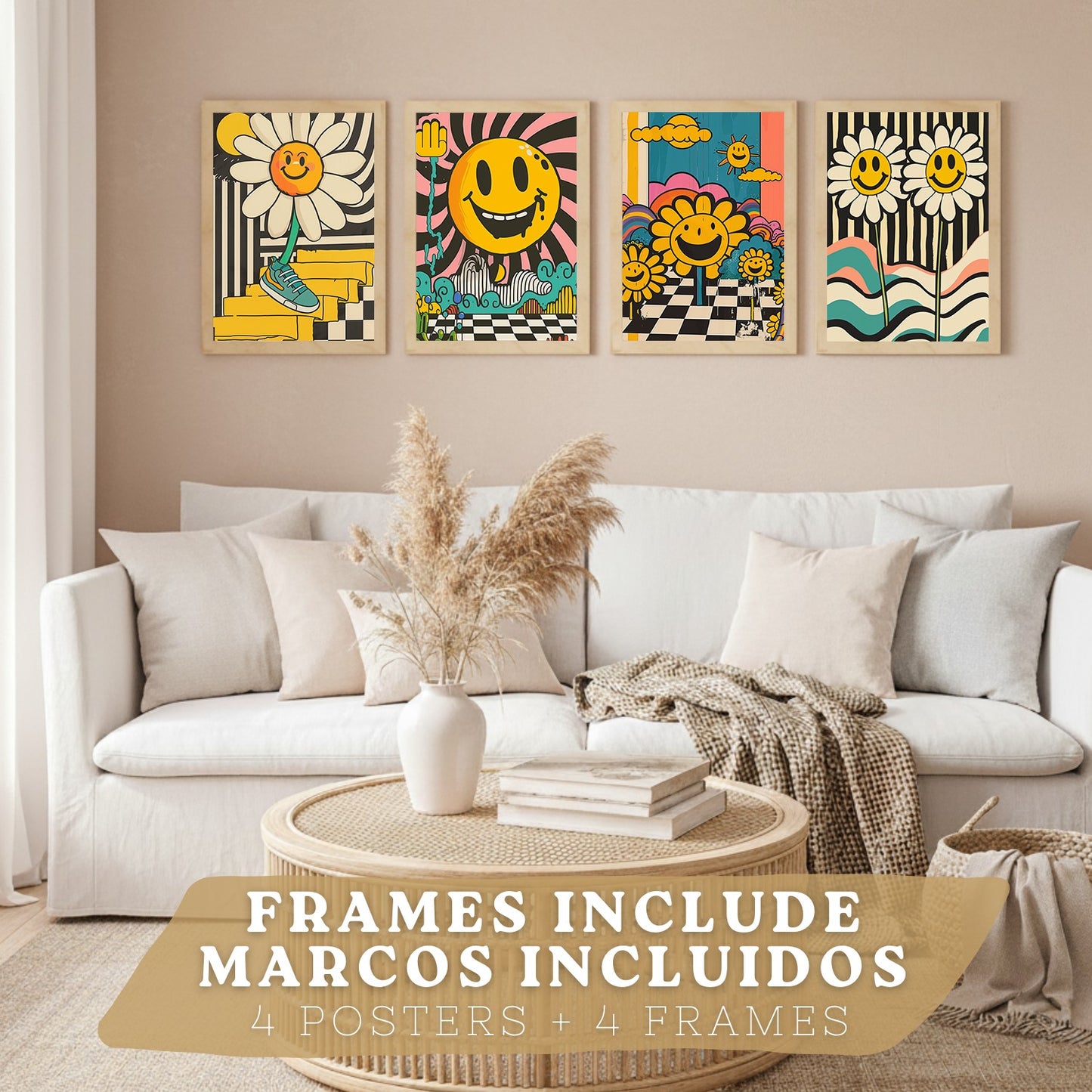 Set de 4 laminas decorativas Acid House Cuadros Salon modernos - Posters decorativos Smily Emoji flor Decoración Dormitorios Cocina Baño