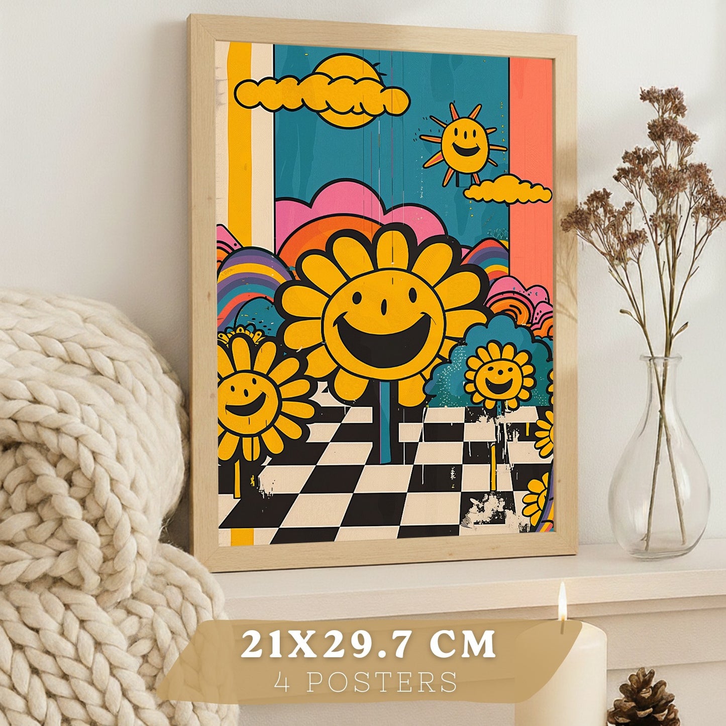 Set de 4 laminas decorativas Acid House Cuadros Salon modernos - Posters decorativos Smily Emoji flor Decoración Dormitorios Cocina Baño