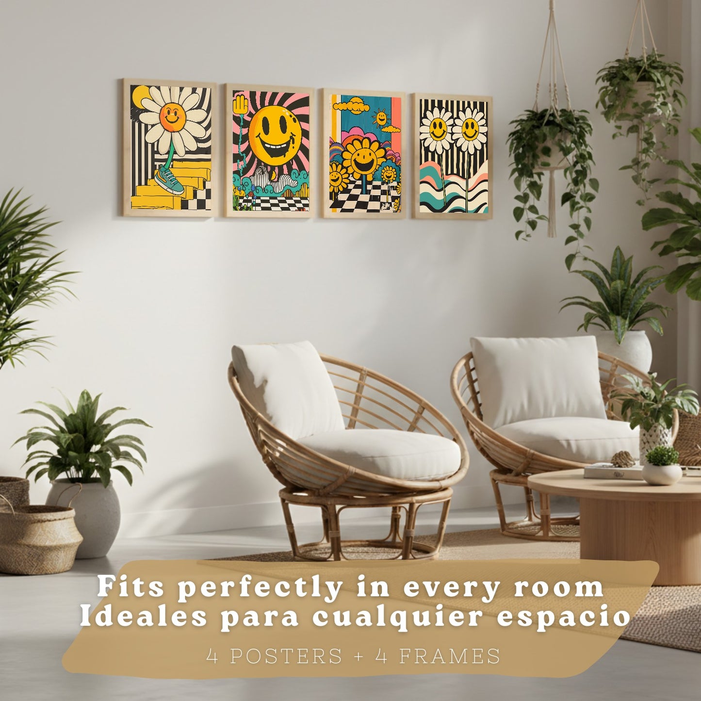 Set de 4 laminas decorativas Acid House Cuadros Salon modernos - Posters decorativos Smily Emoji flor Decoración Dormitorios Cocina Baño