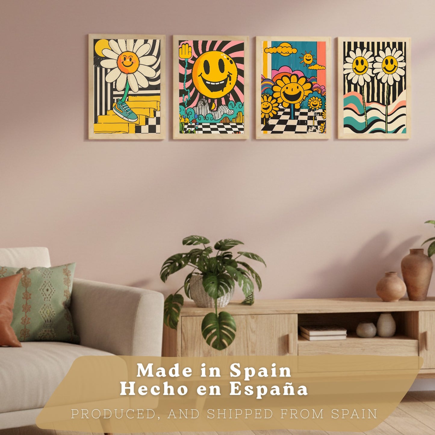 Set de 4 laminas decorativas Acid House Cuadros Salon modernos - Posters decorativos Smily Emoji flor Decoración Dormitorios Cocina Baño