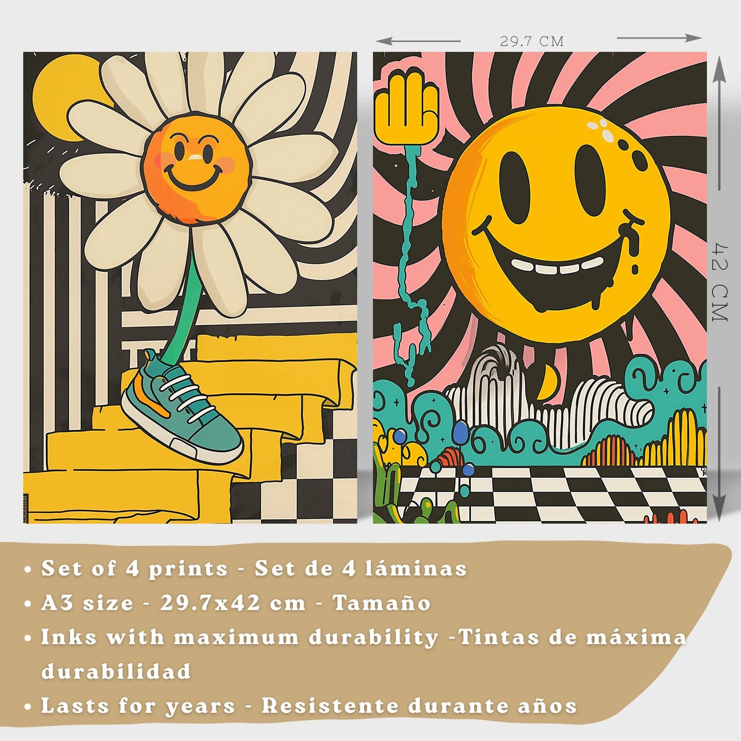 Set de 4 laminas decorativas Acid House Cuadros Salon modernos - Posters decorativos Smily Emoji flor Decoración Dormitorios Cocina Baño