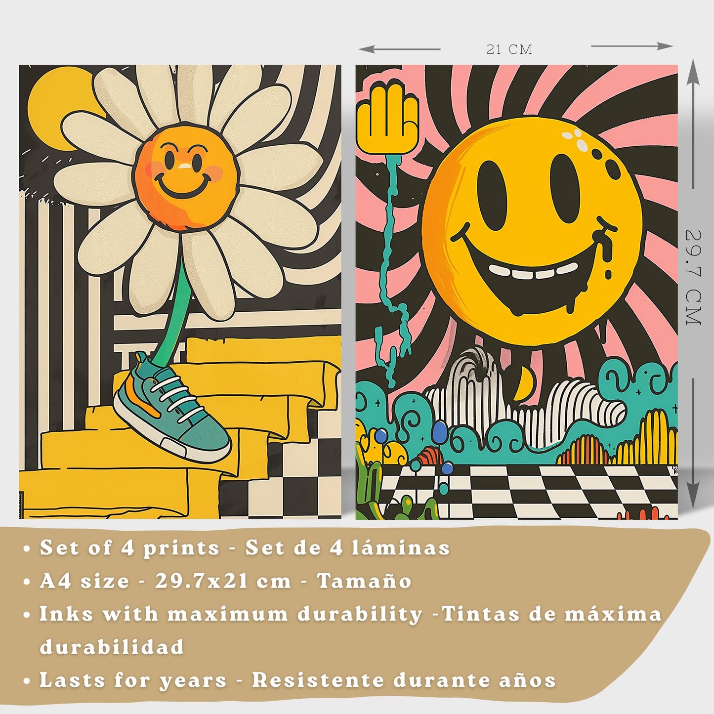 Set de 4 laminas decorativas Acid House Cuadros Salon modernos - Posters decorativos Smily Emoji flor Decoración Dormitorios Cocina Baño