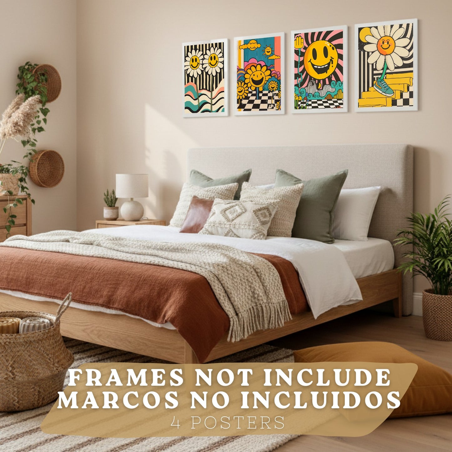 Set de 4 laminas decorativas Acid House Cuadros Salon modernos - Posters decorativos Smily Emoji flor Decoración Dormitorios Cocina Baño