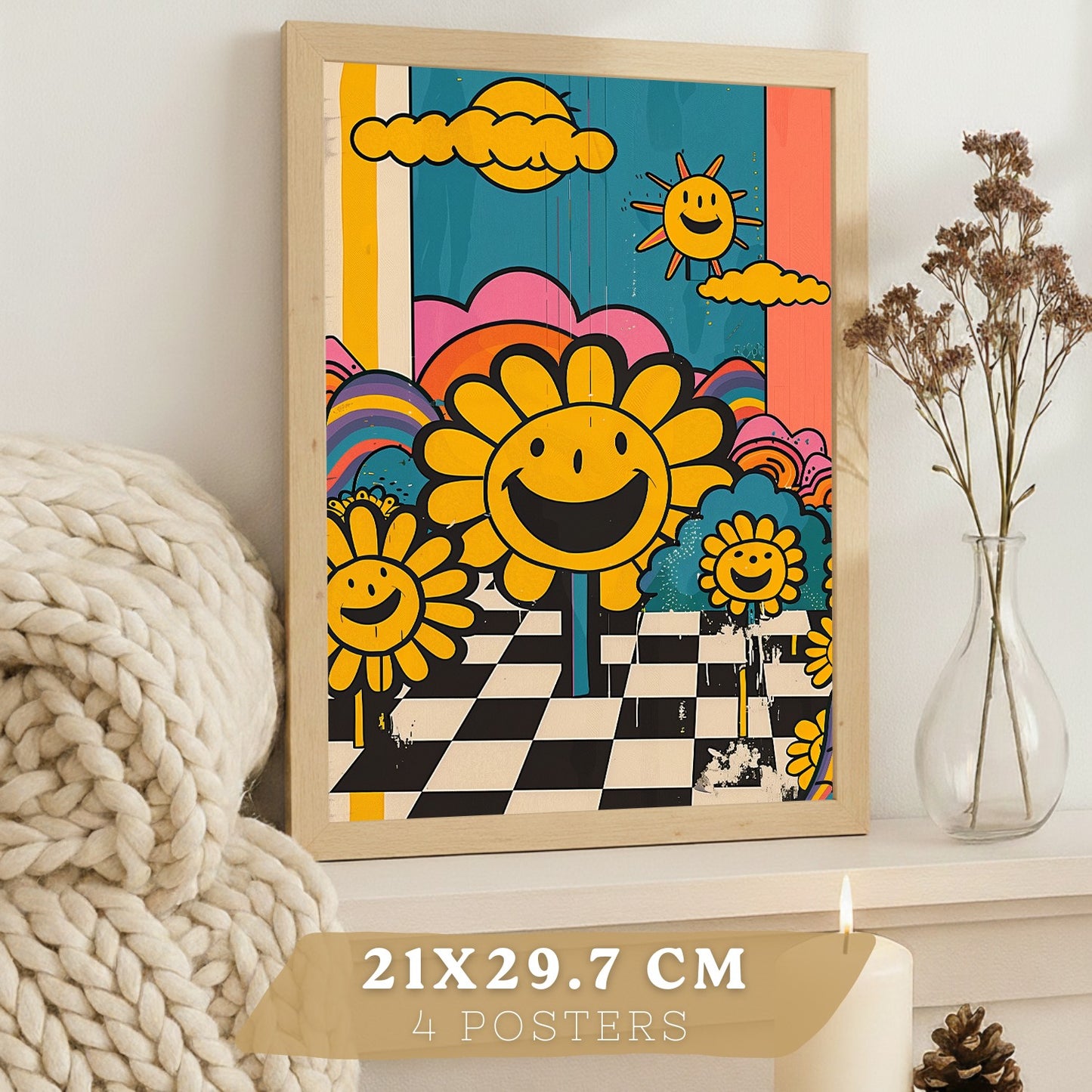 Set de 4 laminas decorativas Acid House Cuadros Salon modernos - Posters decorativos Smily Emoji flor Decoración Dormitorios Cocina Baño