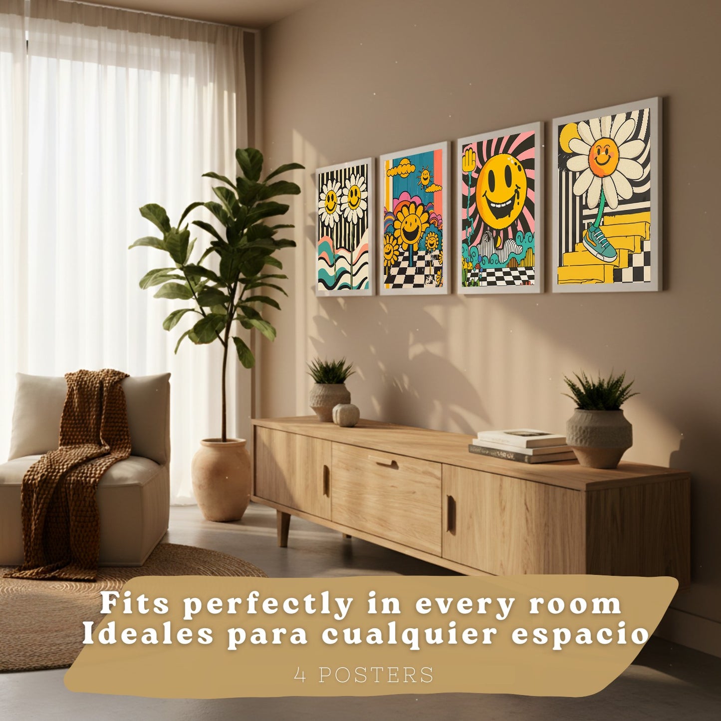 Set de 4 laminas decorativas Acid House Cuadros Salon modernos - Posters decorativos Smily Emoji flor Decoración Dormitorios Cocina Baño