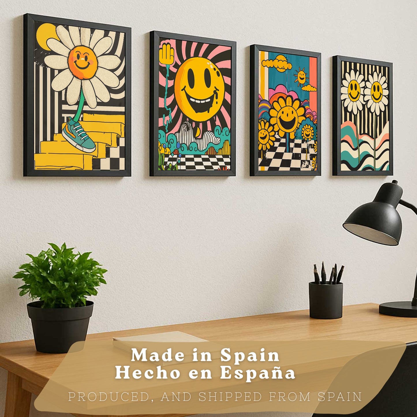 Set de 4 laminas decorativas Acid House Cuadros Salon modernos - Posters decorativos Smily Emoji flor Decoración Dormitorios Cocina Baño