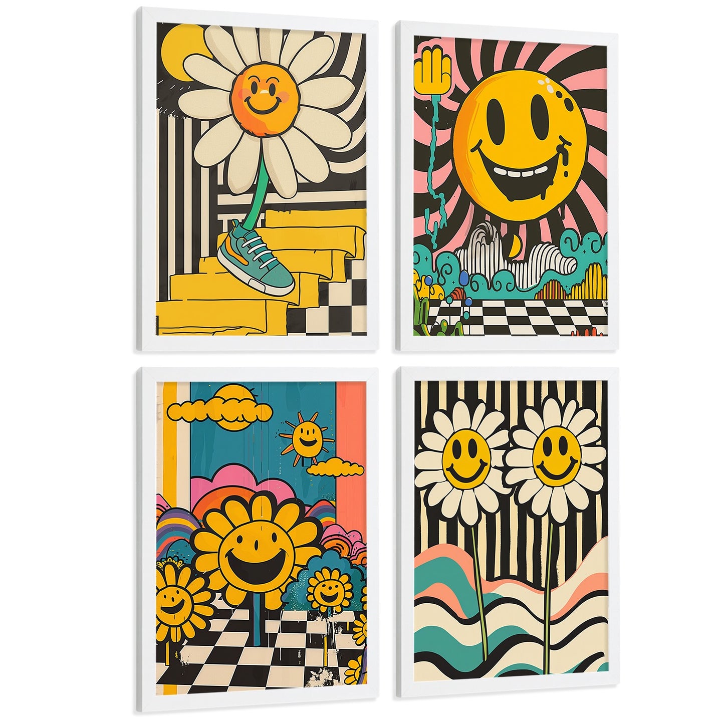 Set de 4 laminas decorativas Acid House Cuadros Salon modernos - Posters decorativos Smily Emoji flor Decoración Dormitorios Cocina Baño