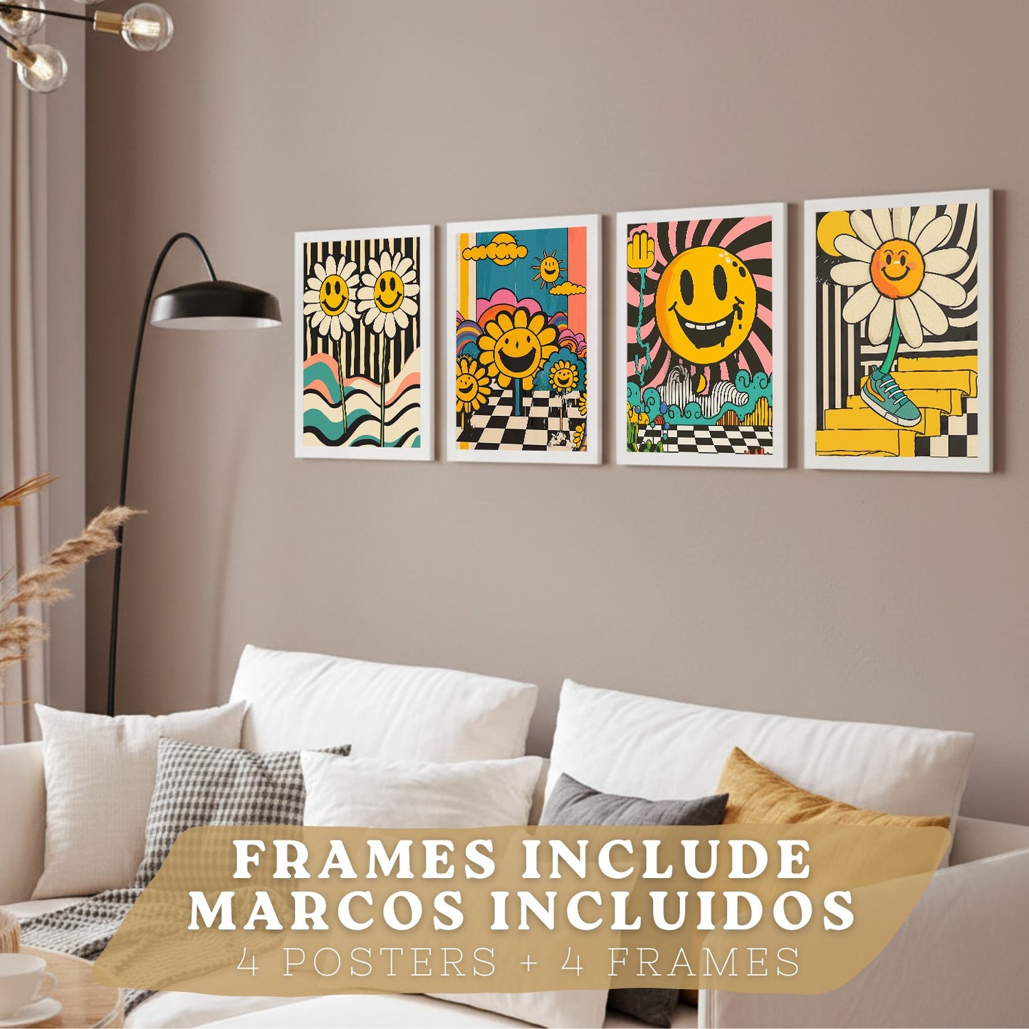 Set de 4 laminas decorativas Acid House Cuadros Salon modernos - Posters decorativos Smily Emoji flor Decoración Dormitorios Cocina Baño