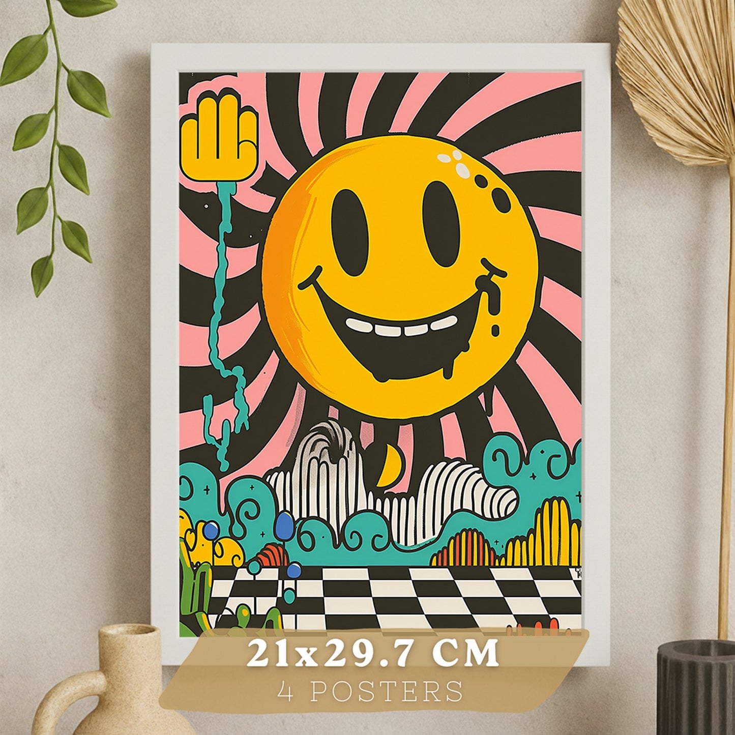 Set de 4 laminas decorativas Acid House Cuadros Salon modernos - Posters decorativos Smily Emoji flor Decoración Dormitorios Cocina Baño
