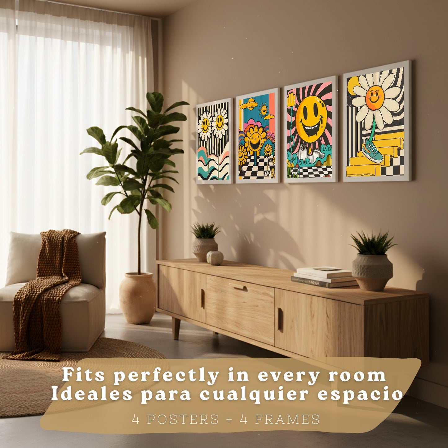 Set de 4 laminas decorativas Acid House Cuadros Salon modernos - Posters decorativos Smily Emoji flor Decoración Dormitorios Cocina Baño