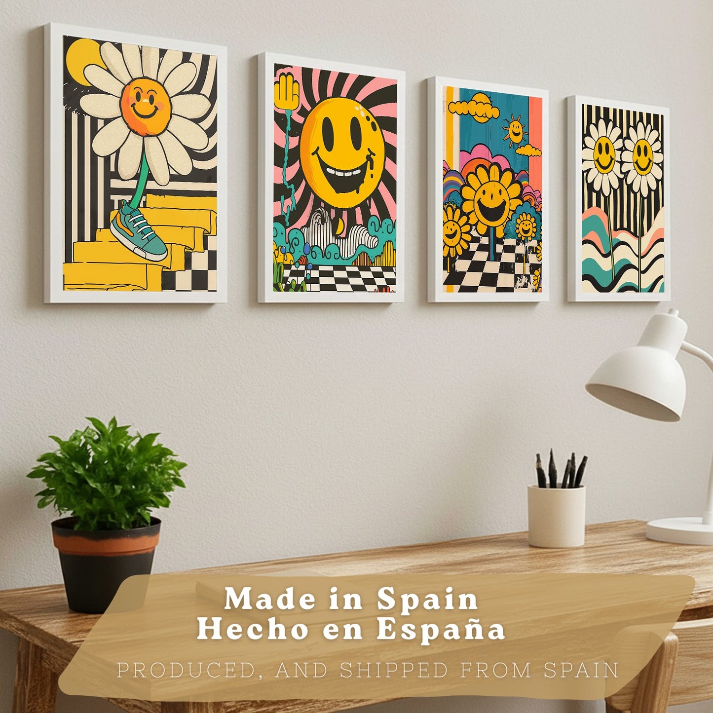 Set de 4 laminas decorativas Acid House Cuadros Salon modernos - Posters decorativos Smily Emoji flor Decoración Dormitorios Cocina Baño