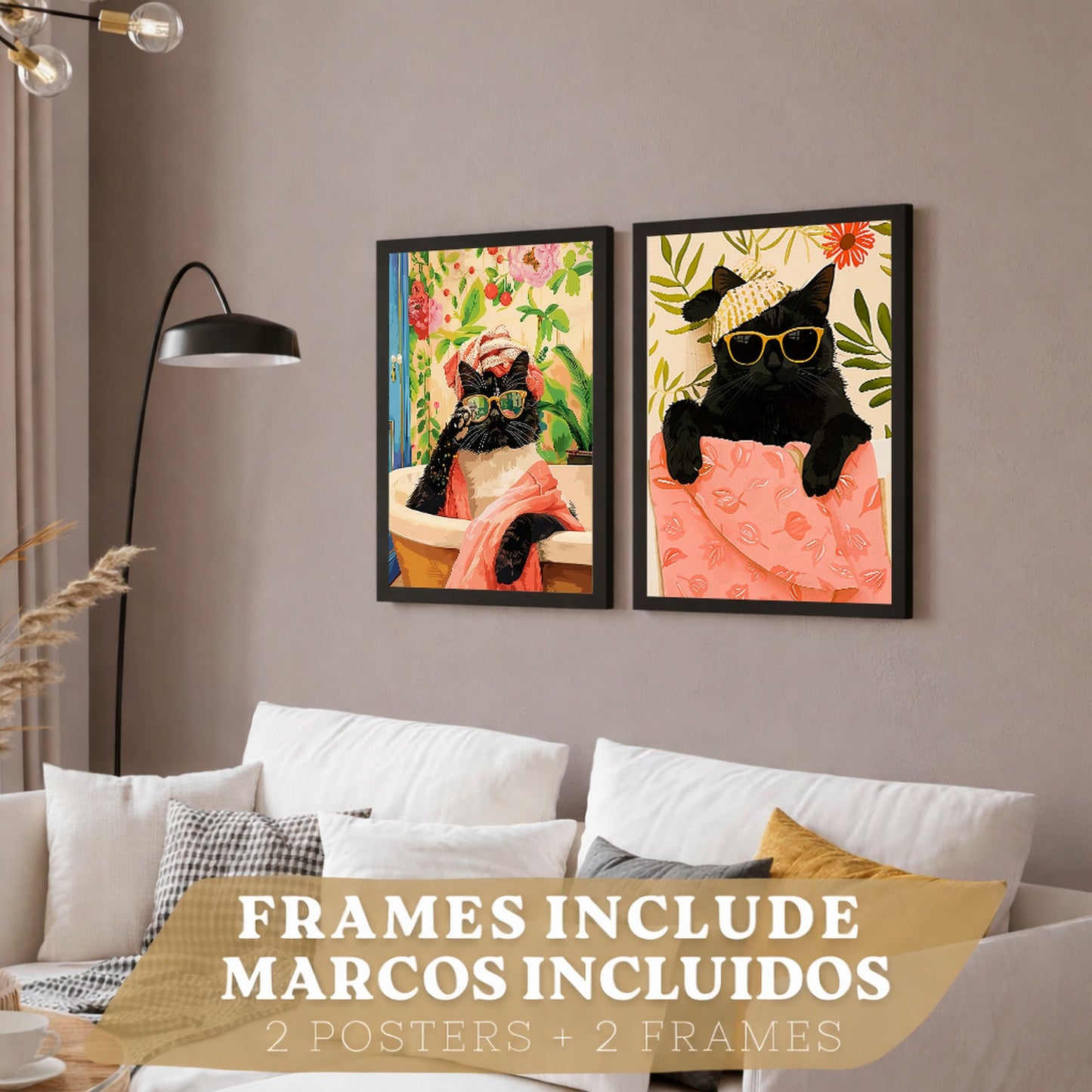 Set de 2 laminas decorativas Gatos Baño Spa Cuadros Salon modernos - Posters decorativos gatos negros Decoración Dormitorios Cocina Baño