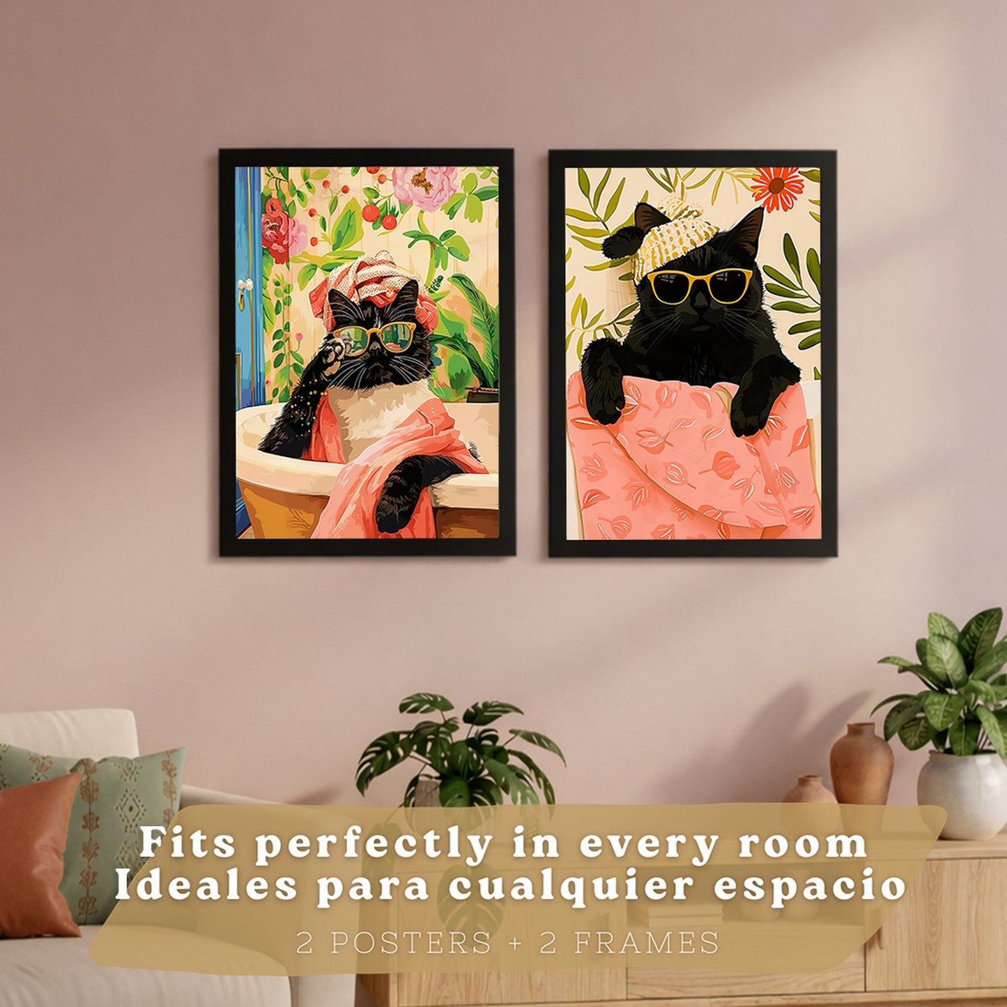 Set de 2 laminas decorativas Gatos Baño Spa Cuadros Salon modernos - Posters decorativos gatos negros Decoración Dormitorios Cocina Baño