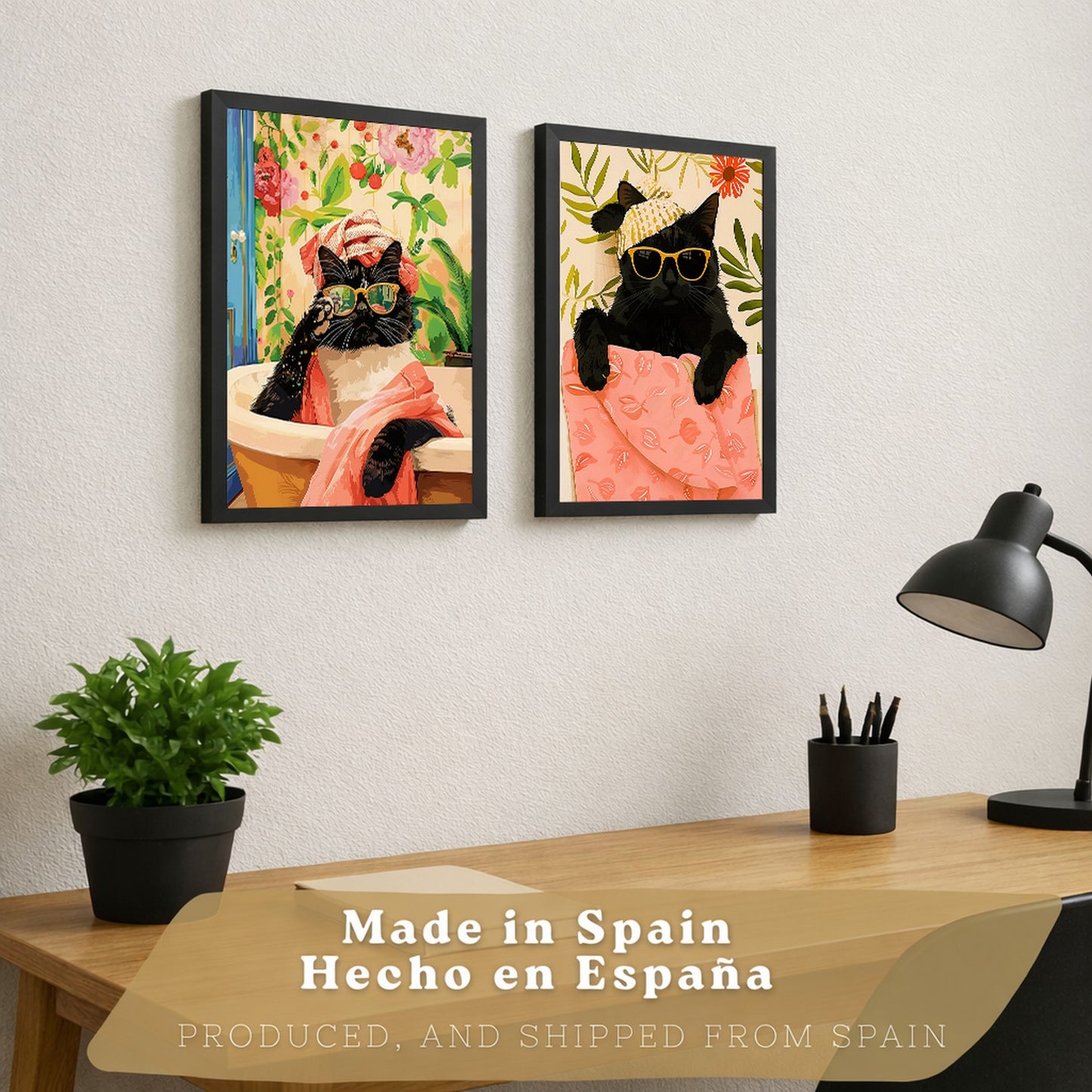 Set de 2 laminas decorativas Gatos Baño Spa Cuadros Salon modernos - Posters decorativos gatos negros Decoración Dormitorios Cocina Baño