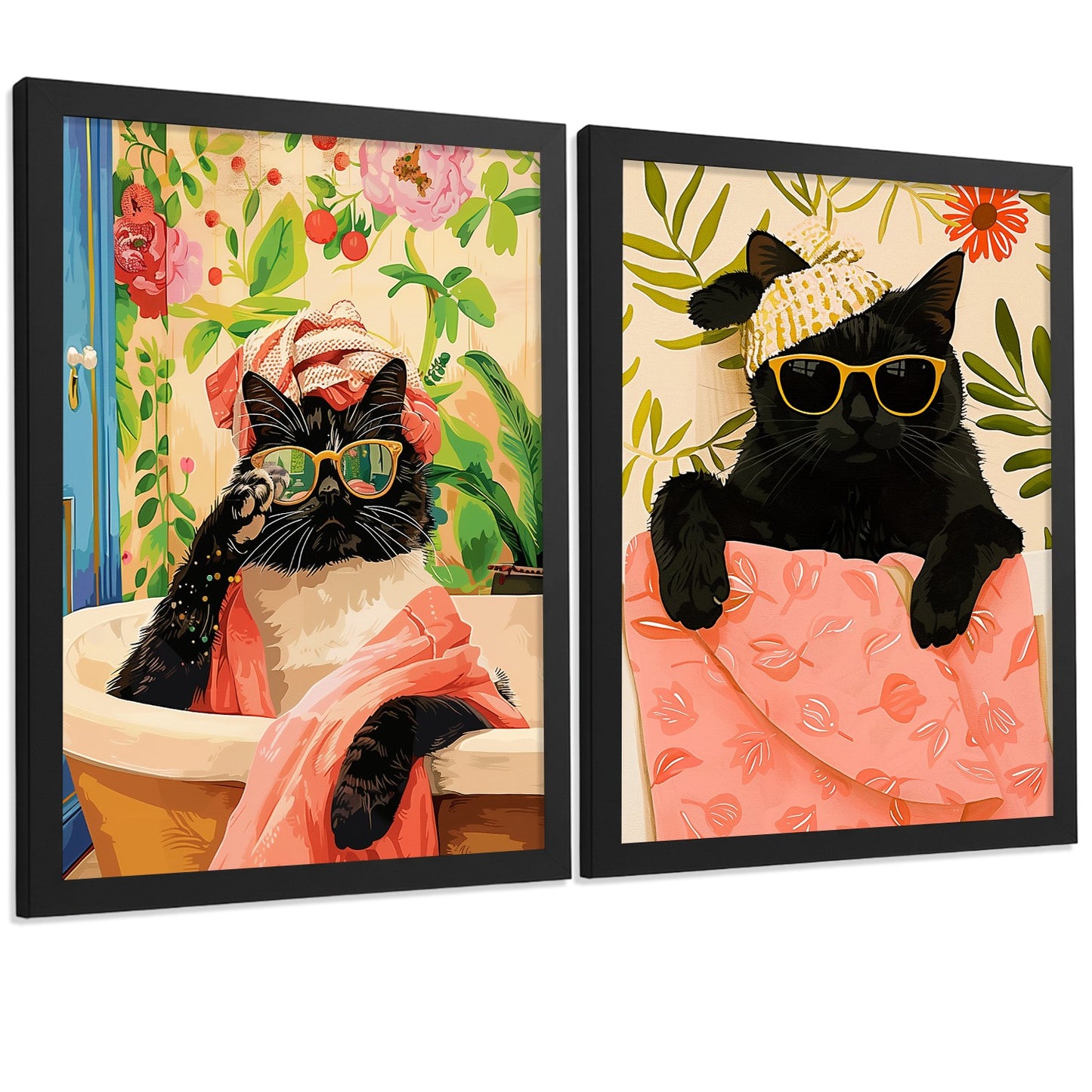 Set de 2 laminas decorativas Gatos Baño Spa Cuadros Salon modernos - Posters decorativos gatos negros Decoración Dormitorios Cocina Baño