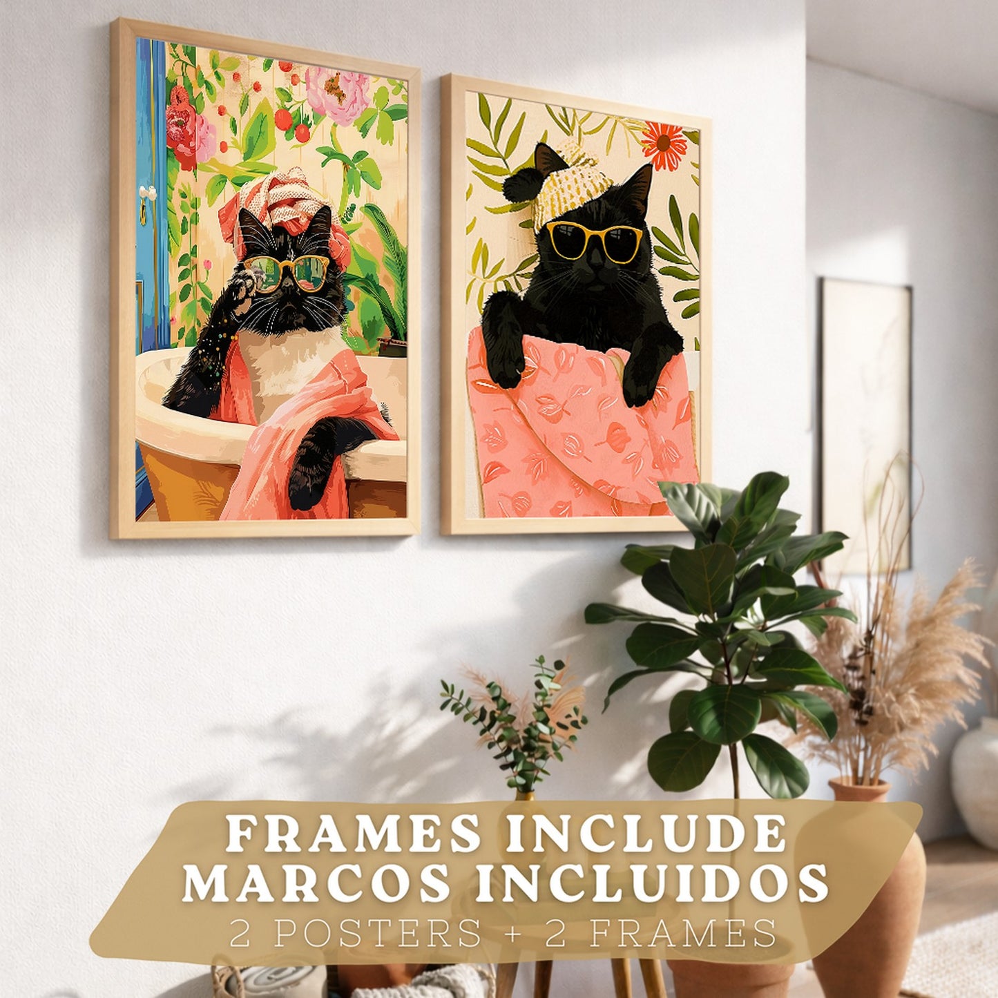 Set de 2 laminas decorativas Gatos Baño Spa Cuadros Salon modernos - Posters decorativos gatos negros Decoración Dormitorios Cocina Baño