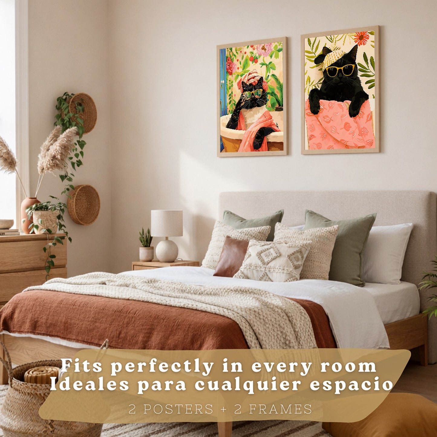 Set de 2 laminas decorativas Gatos Baño Spa Cuadros Salon modernos - Posters decorativos gatos negros Decoración Dormitorios Cocina Baño