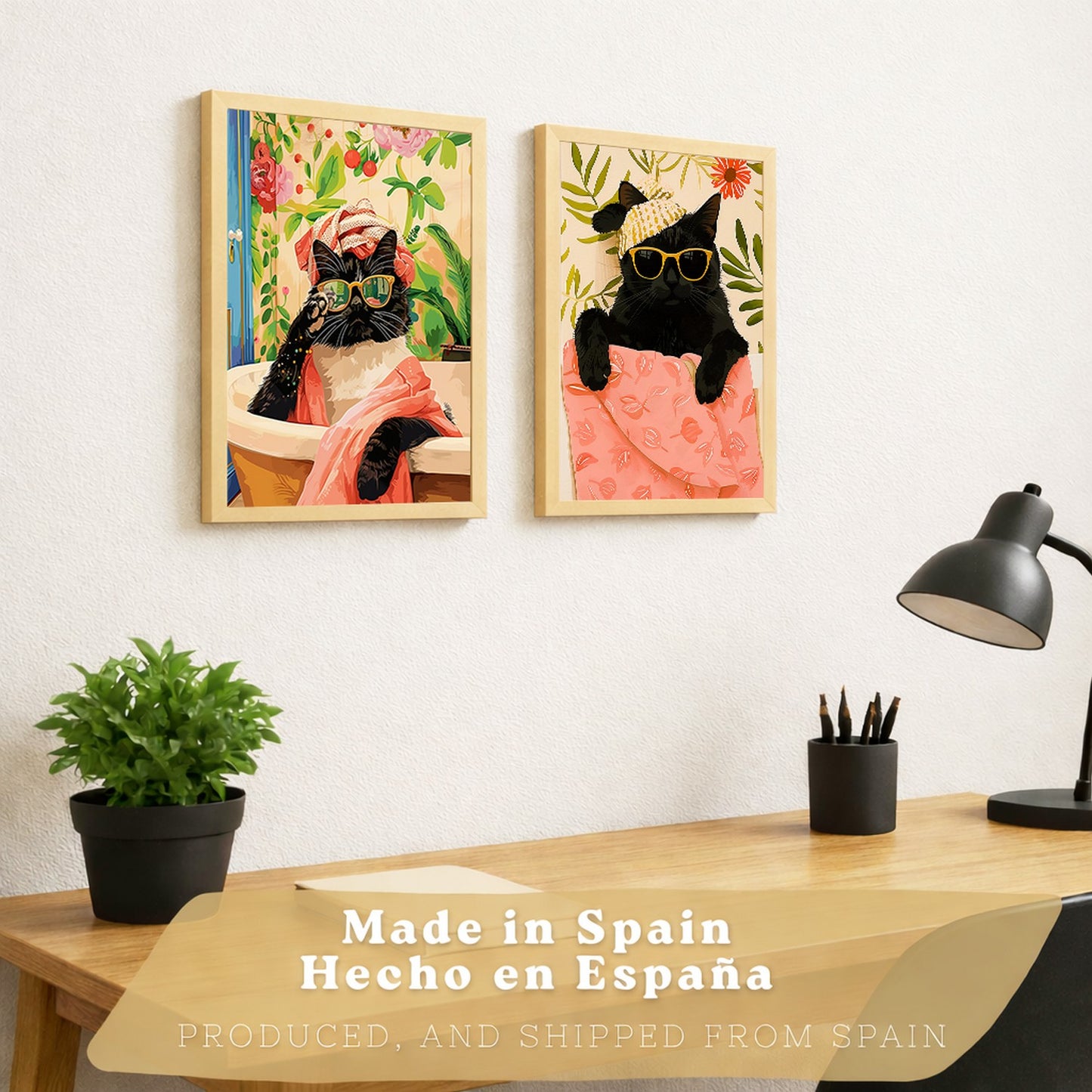 Set de 2 laminas decorativas Gatos Baño Spa Cuadros Salon modernos - Posters decorativos gatos negros Decoración Dormitorios Cocina Baño