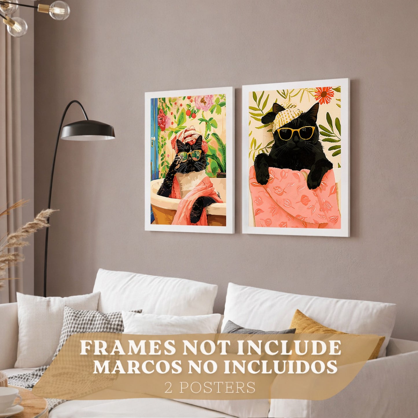 Set de 2 laminas decorativas Gatos Baño Spa Cuadros Salon modernos - Posters decorativos gatos negros Decoración Dormitorios Cocina Baño