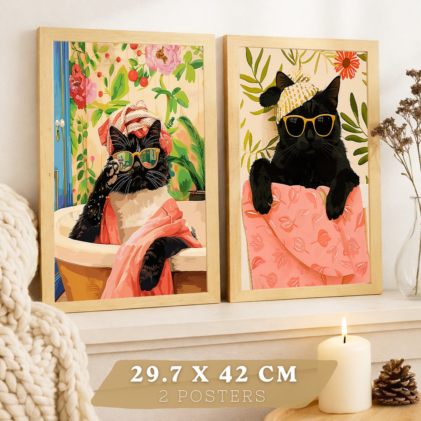 Set de 2 laminas decorativas Gatos Baño Spa Cuadros Salon modernos - Posters decorativos gatos negros Decoración Dormitorios Cocina Baño