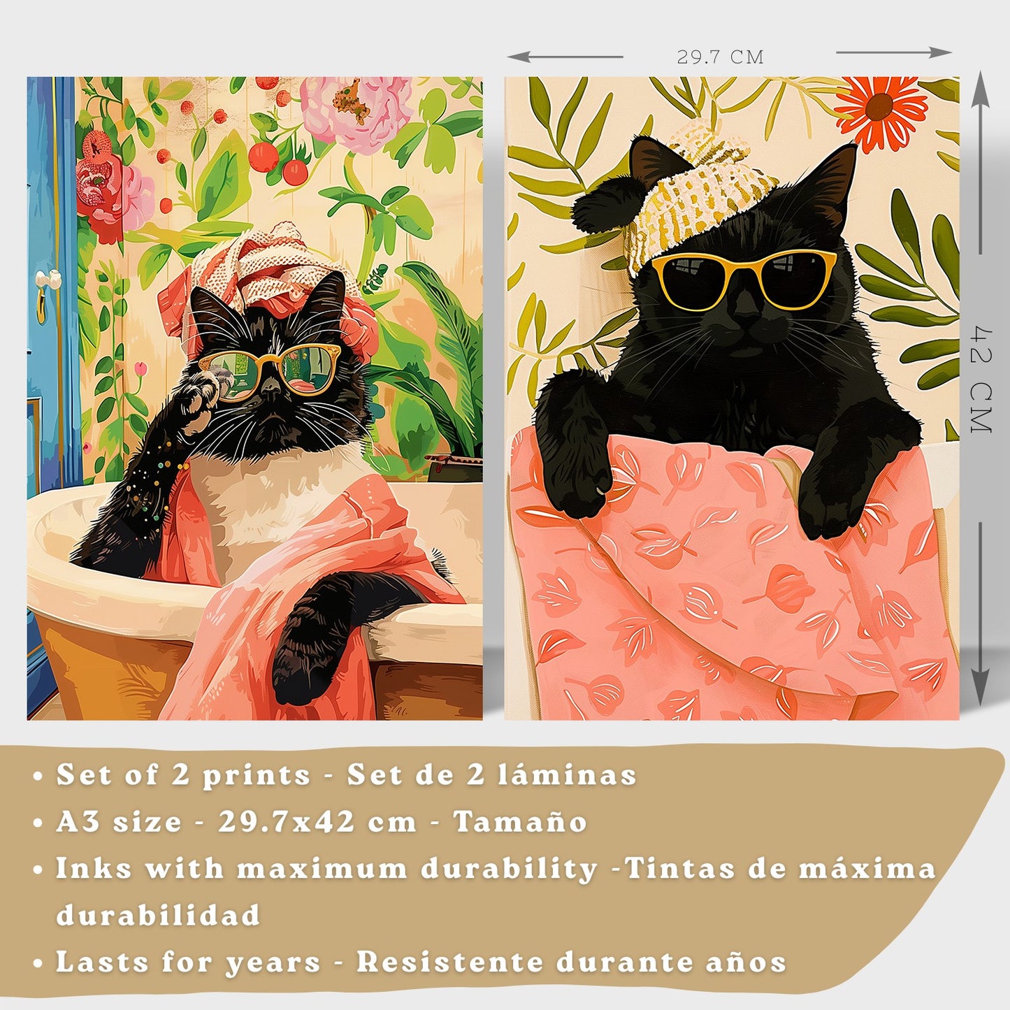 Set de 2 laminas decorativas Gatos Baño Spa Cuadros Salon modernos - Posters decorativos gatos negros Decoración Dormitorios Cocina Baño