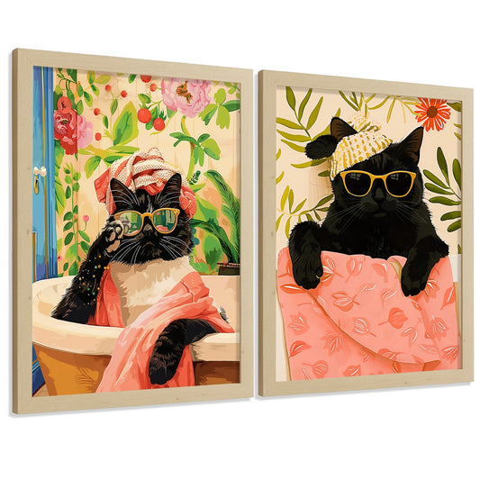 Set de 2 laminas decorativas Gatos Baño Spa Cuadros Salon modernos - Posters decorativos gatos negros Decoración Dormitorios Cocina Baño